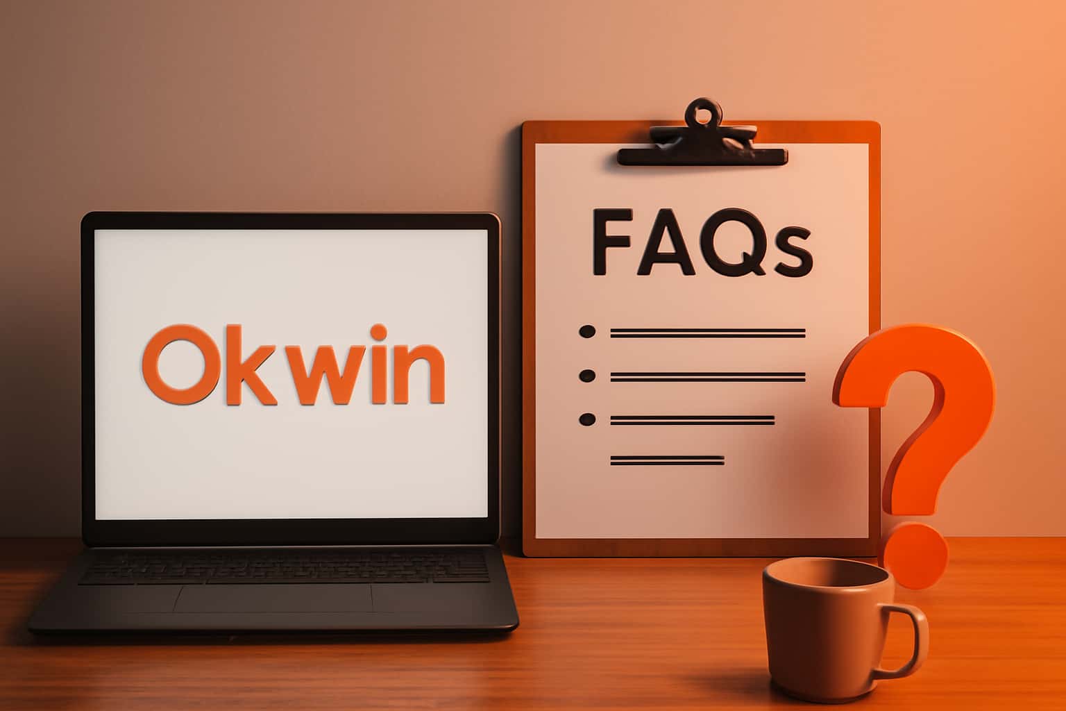 Informative depiction of Okwin FAQs highlighting key features and support.
