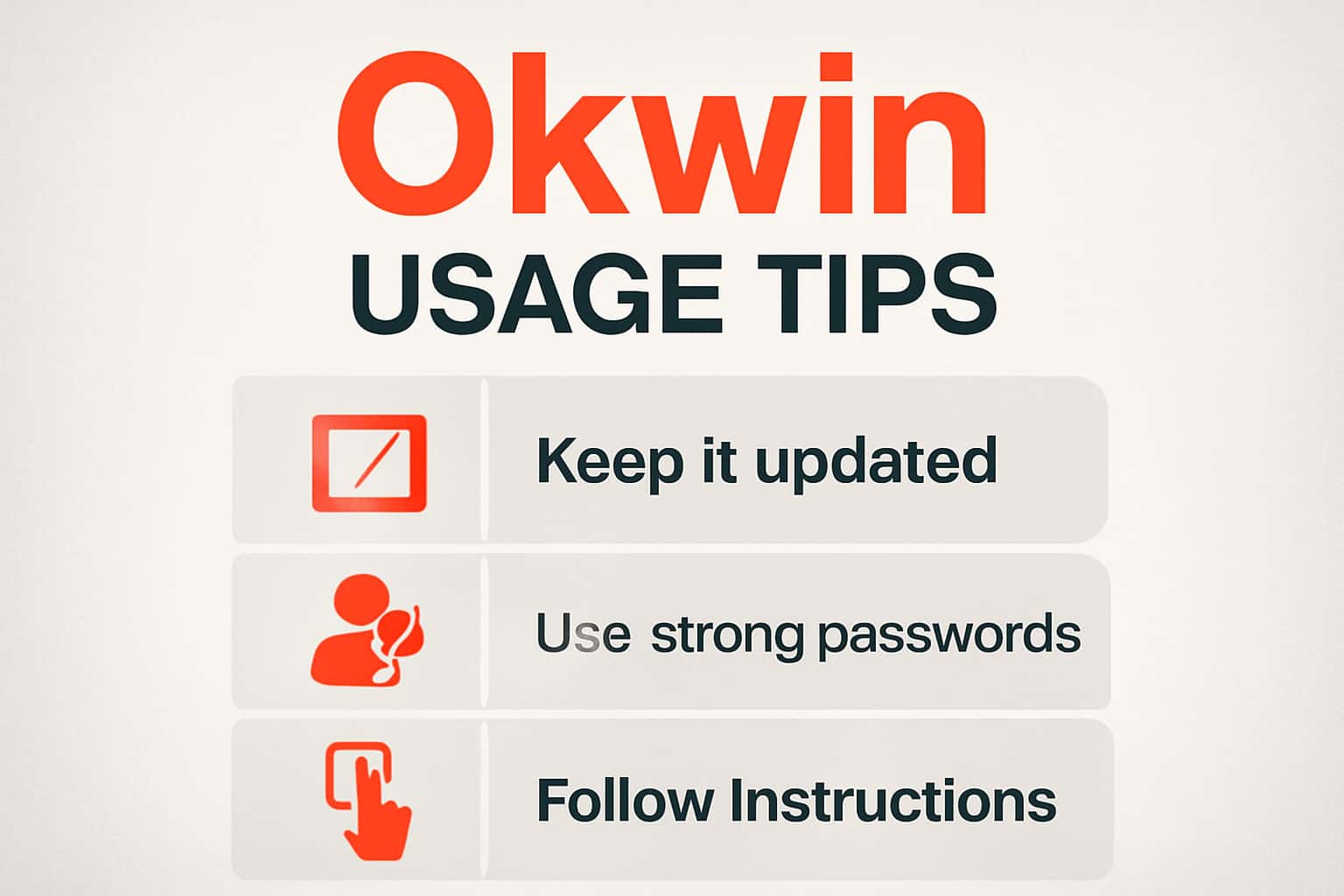 An informational scene illustrating Okwin Usage Tips with prominent text.