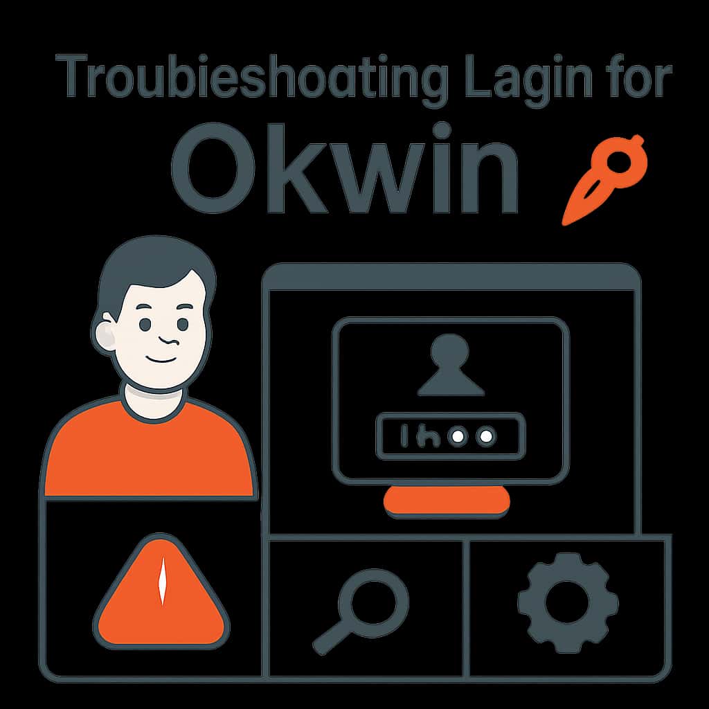 An educational illustration outlining troubleshooting steps for Okwin login issues.